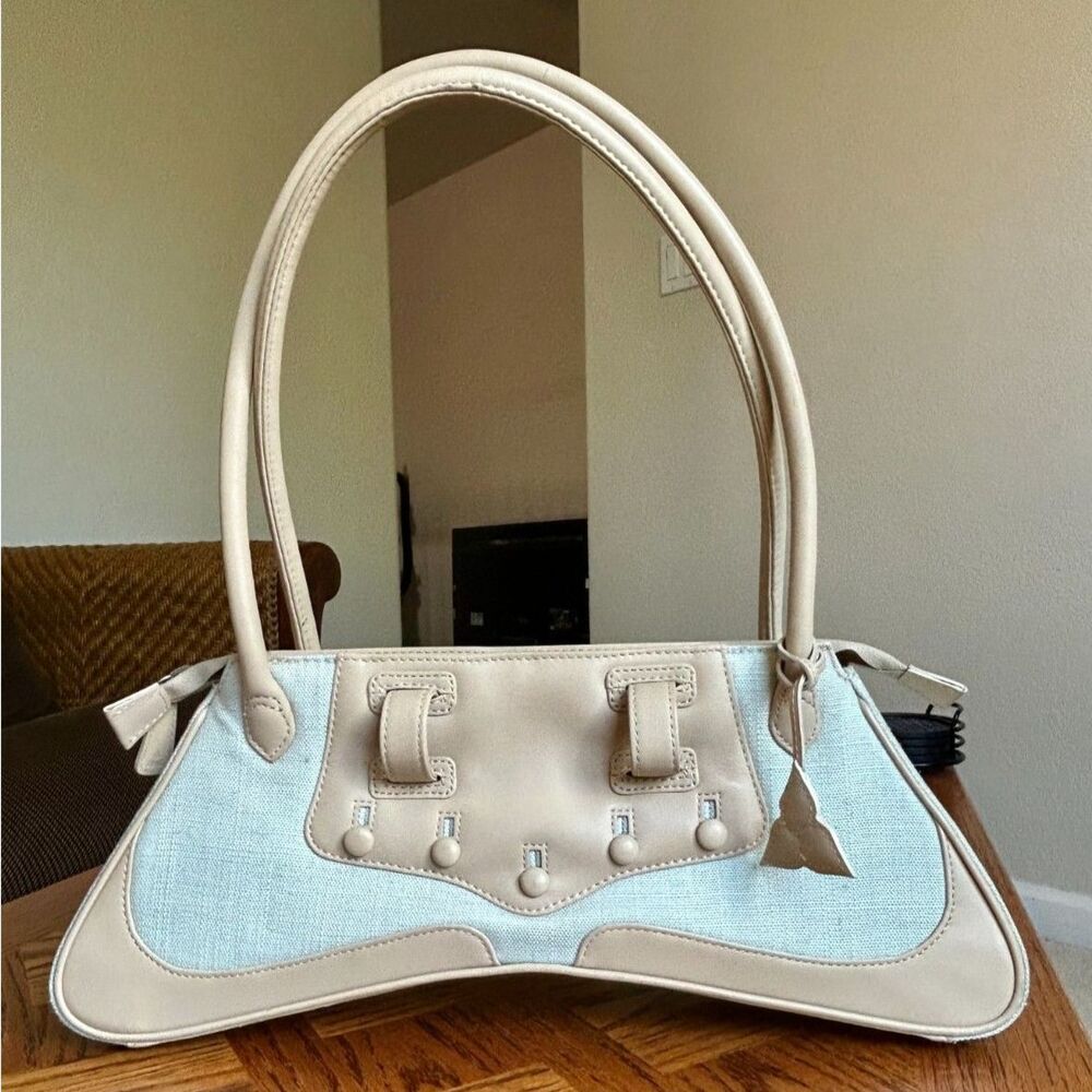DEBORAH LEWIS Light Blue and Beige Leather Trim Structured Shoulder Bag Purse